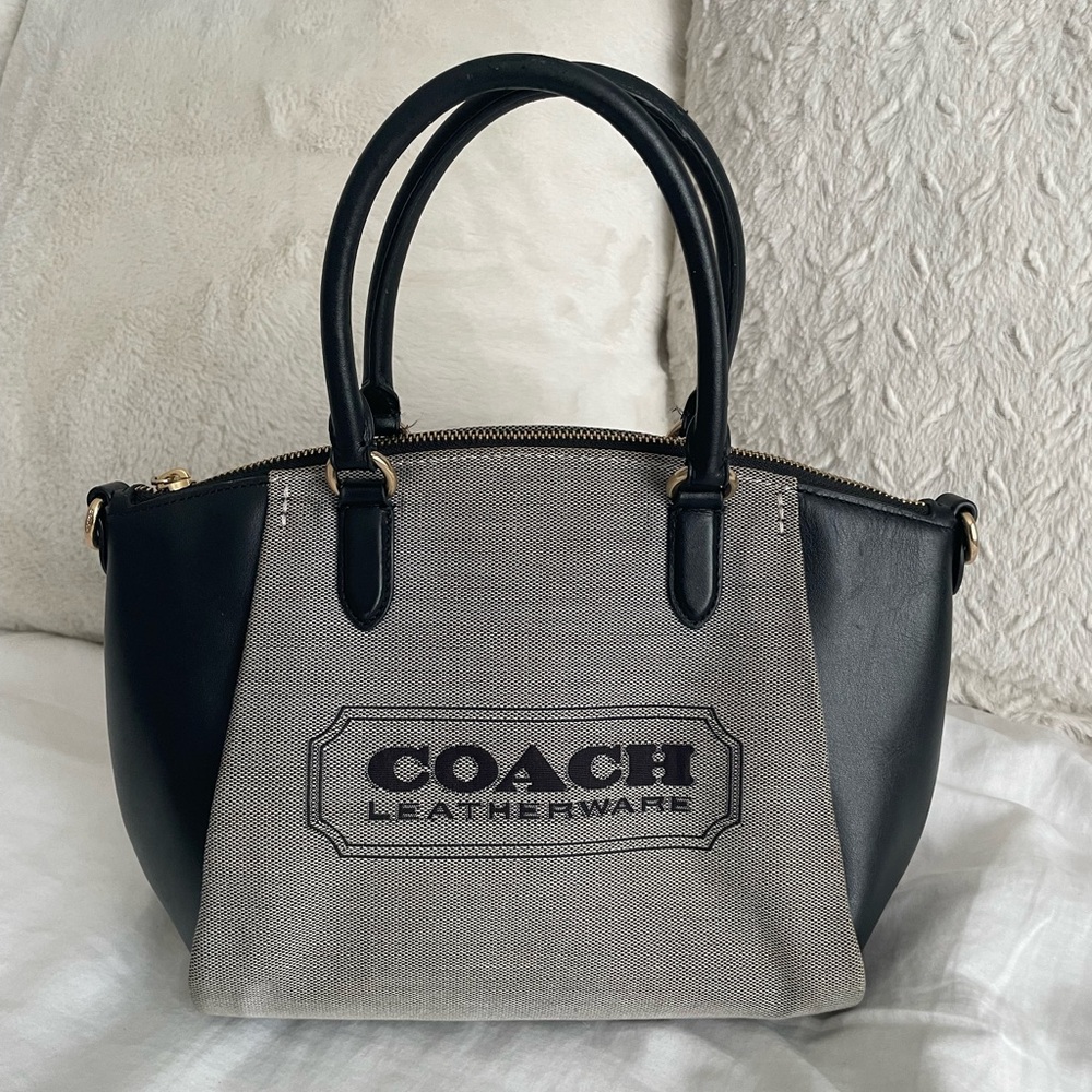 COACH Two-Tone Canvas & Leather Satchel in Black and Beige
